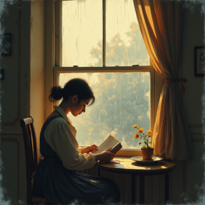 Vintage — Nostalgic Figure Reading By A Rain-streaked Illustration Styles #0182 (FLUX)