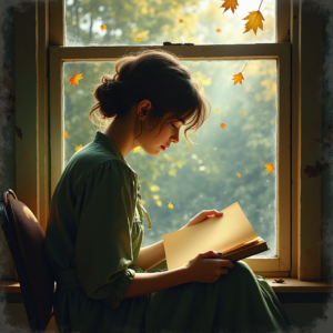 Vintage — Nostalgic Figure Reading By A Rain-streaked Illustration Styles #0188 (Ideogram)
