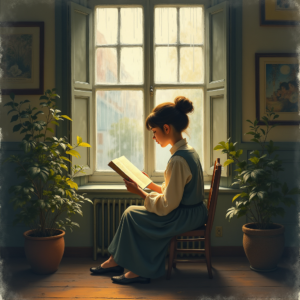 Vintage — Nostalgic Figure Reading By A Rain-streaked Illustration Styles #0206 (FLUX)
