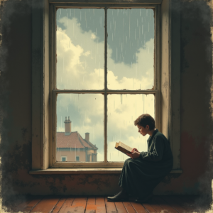 Vintage — Nostalgic Figure Reading By A Rain-streaked Illustration Styles #0212 (Ideogram)