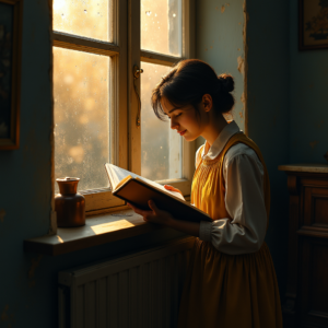 Vintage — Nostalgic Figure Reading By A Rain-streaked Illustration Styles #0218 (FLUX)