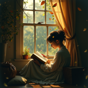 Vintage — Nostalgic Figure Reading By A Rain-streaked Illustration Styles #0224 (Ideogram)