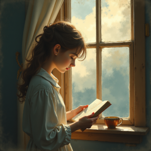 Vintage — Nostalgic Figure Reading By A Rain-streaked Illustration Styles #0231 (Krea)