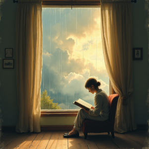 Vintage — Nostalgic Figure Reading By A Rain-streaked Illustration Styles #0249 (Leonardo)