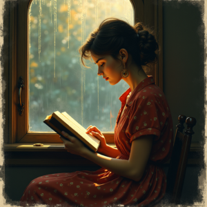 Vintage — Nostalgic Figure Reading By A Rain-streaked Illustration Styles #0255 (Krea)