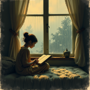 Vintage — Nostalgic Figure Reading By A Rain-streaked Illustration Styles #0267 (Krea)