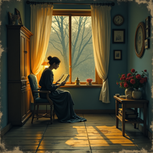 Vintage — Nostalgic Figure Reading By A Rain-streaked Illustration Styles #0273 (Leonardo)