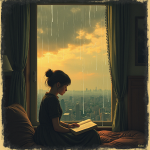 Vintage — Nostalgic Figure Reading By A Rain-streaked Illustration Styles #0285 (Leonardo)