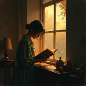 Vintage — Nostalgic Figure Reading By A Rain-streaked Illustration Styles #0291 (Krea)