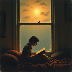 Vintage — Nostalgic Figure Reading By A Rain-streaked Illustration Styles #0321 (Leonardo)