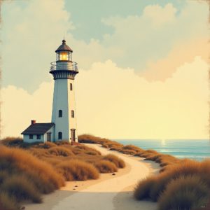Vintage — Quiet Coastal Lighthouse Against A Soft Illustration Styles #0130 (Seedream)