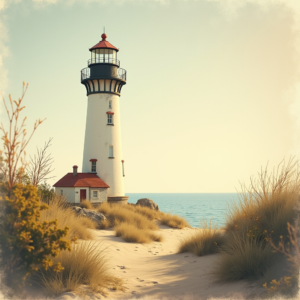 Vintage — Quiet Coastal Lighthouse Against A Soft Illustration Styles #0136 (Gemini)