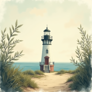 Vintage — Quiet Coastal Lighthouse Against A Soft Illustration Styles #0208 (Gemini)