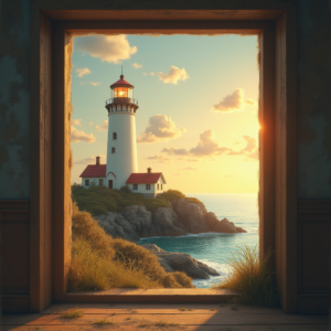 Vintage — Quiet Coastal Lighthouse Against A Soft Illustration Styles #0220 (Gemini)