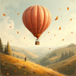 Vintage — Whimsical Hot-air Balloon Drifting Over Rolling Illustration Styles #0009 (Leonardo)