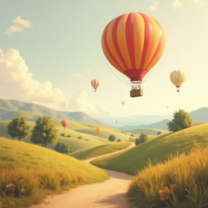 Vintage — Whimsical Hot-air Balloon Drifting Over Rolling Illustration Styles #0021 (Leonardo)