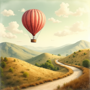 Vintage — Whimsical Hot-air Balloon Drifting Over Rolling Illustration Styles #0057 (Leonardo)