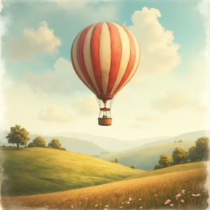 Vintage — Whimsical Hot-air Balloon Drifting Over Rolling Illustration Styles #0069 (Leonardo)