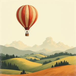 Vintage — Whimsical Hot-air Balloon Drifting Over Rolling Illustration Styles #0087 (Krea)