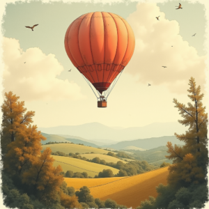 Vintage — Whimsical Hot-air Balloon Drifting Over Rolling Illustration Styles #0099 (Krea)