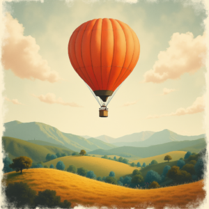Vintage — Whimsical Hot-air Balloon Drifting Over Rolling Illustration Styles #0105 (Leonardo)