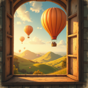 Vintage — Whimsical Hot-air Balloon Drifting Over Rolling Illustration Styles #0111 (Krea)