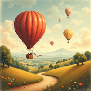 Vintage — Whimsical Hot-air Balloon Drifting Over Rolling Illustration Styles #0129 (Leonardo)