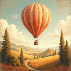 Vintage — Whimsical Hot-air Balloon Drifting Over Rolling Illustration Styles #0135 (Krea)