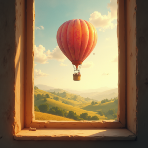 Vintage — Whimsical Hot-air Balloon Drifting Over Rolling Illustration Styles #0147 (Krea)