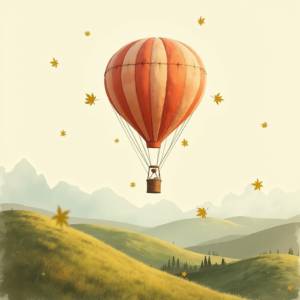 Vintage — Whimsical Hot-air Balloon Drifting Over Rolling Illustration Styles #0153 (Leonardo)