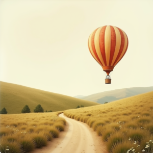 Vintage — Whimsical Hot-air Balloon Drifting Over Rolling Illustration Styles #0165 (Leonardo)