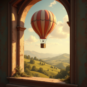 Vintage — Whimsical Hot-air Balloon Drifting Over Rolling Illustration Styles #0183 (Krea)