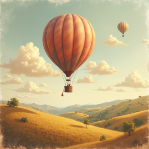 Vintage — Whimsical Hot-air Balloon Drifting Over Rolling Illustration Styles #0195 (Krea)