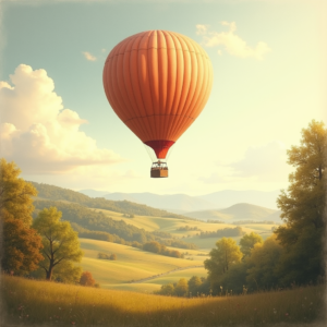 Vintage — Whimsical Hot-air Balloon Drifting Over Rolling Illustration Styles #0207 (Krea)