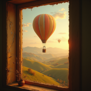 Vintage — Whimsical Hot-air Balloon Drifting Over Rolling Illustration Styles #0219 (Krea)