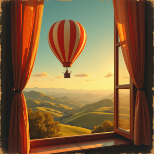 Vintage — Whimsical Hot-air Balloon Drifting Over Rolling Illustration Styles #0256 (Gemini)