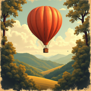 Vintage — Whimsical Hot-air Balloon Drifting Over Rolling Illustration Styles #0280 (Gemini)