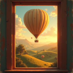 Vintage — Whimsical Hot-air Balloon Drifting Over Rolling Illustration Styles #0292 (Gemini)