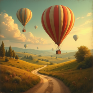 Vintage — Whimsical Hot-air Balloon Drifting Over Rolling Illustration Styles #0310 (Seedream)