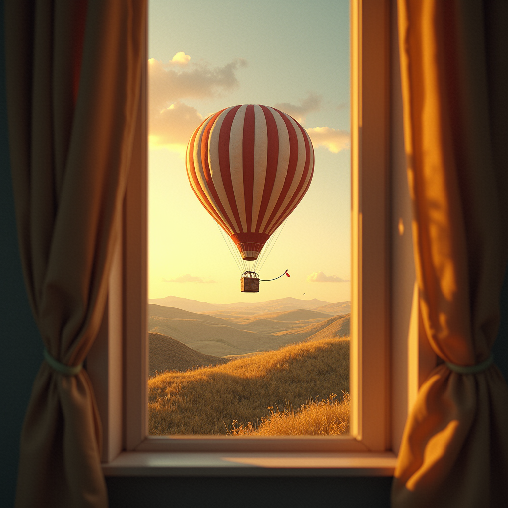 Vintage — Whimsical Hot-air Balloon Drifting Over Rolling Illustration Styles #0328 (Gemini)