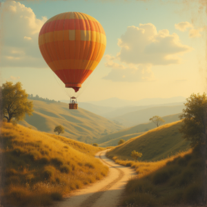Vintage — Whimsical Hot-air Balloon Drifting Over Rolling Illustration Styles #0346 (Seedream)