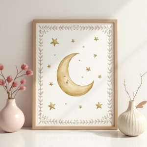 Wall Art — Soft Watercolor-style Moon-and-stars Nursery Motif Printable / Etsy #0053 (Recraft)