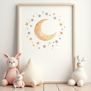 Wall Art — Soft Watercolor-style Moon-and-stars Nursery Motif Printable / Etsy #0334 (Midjourney)