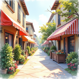 Watercolor — Charming Market Street Lined With Striped Illustration Styles #0065 (Firefly)