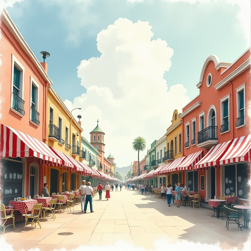 Watercolor — Charming Market Street Lined With Striped Illustration Styles #0071 (Midjourney)