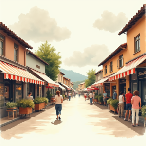 Watercolor — Charming Market Street Lined With Striped Illustration Styles #0089 (Firefly)