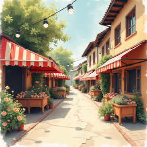 Watercolor — Charming Market Street Lined With Striped Illustration Styles #0095 (Midjourney)