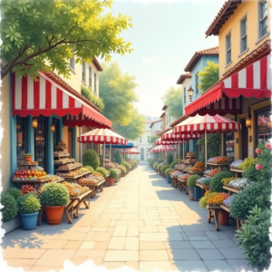 Watercolor — Charming Market Street Lined With Striped Illustration Styles #0101 (Firefly)