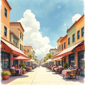 Watercolor — Charming Market Street Lined With Striped Illustration Styles #0107 (Midjourney)