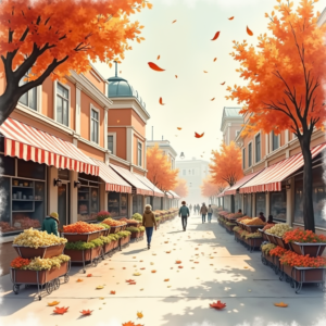 Watercolor — Charming Market Street Lined With Striped Illustration Styles #0119 (Midjourney)